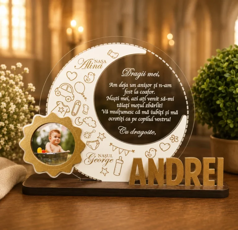 Trofeu personalizat pentru taiere mot cu poza si mesaj pentru nasi