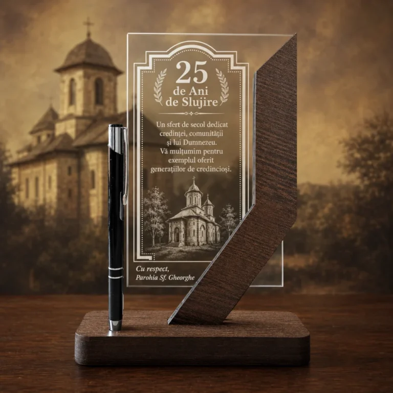 Trofeu personalizat aniversare 25 ani de preoție, cu suport wenge, plexiglas și pix inclus