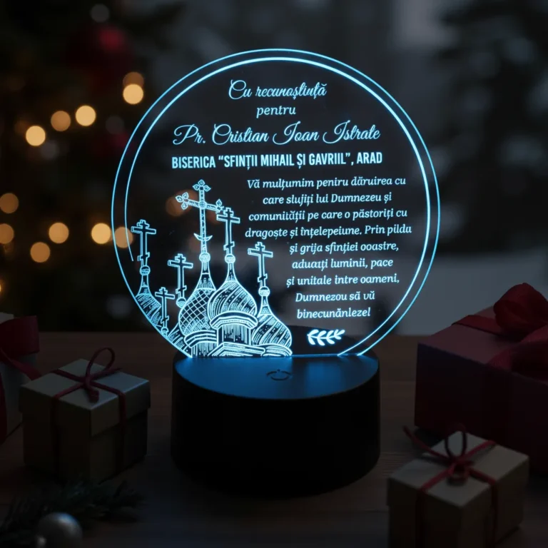 Trofeu personalizat cu LED pentru preot, cu mesaj