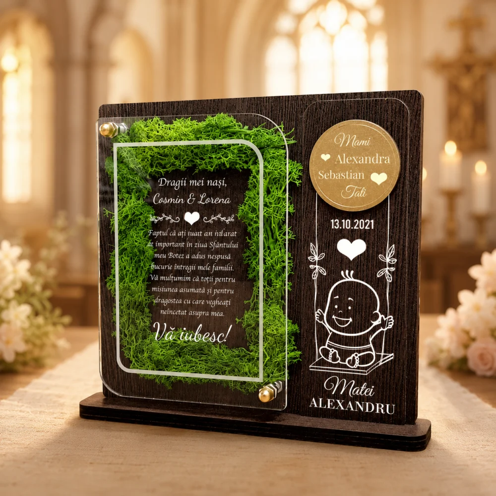 Trofeu personalizat cu licheni – Multumire nasi botez