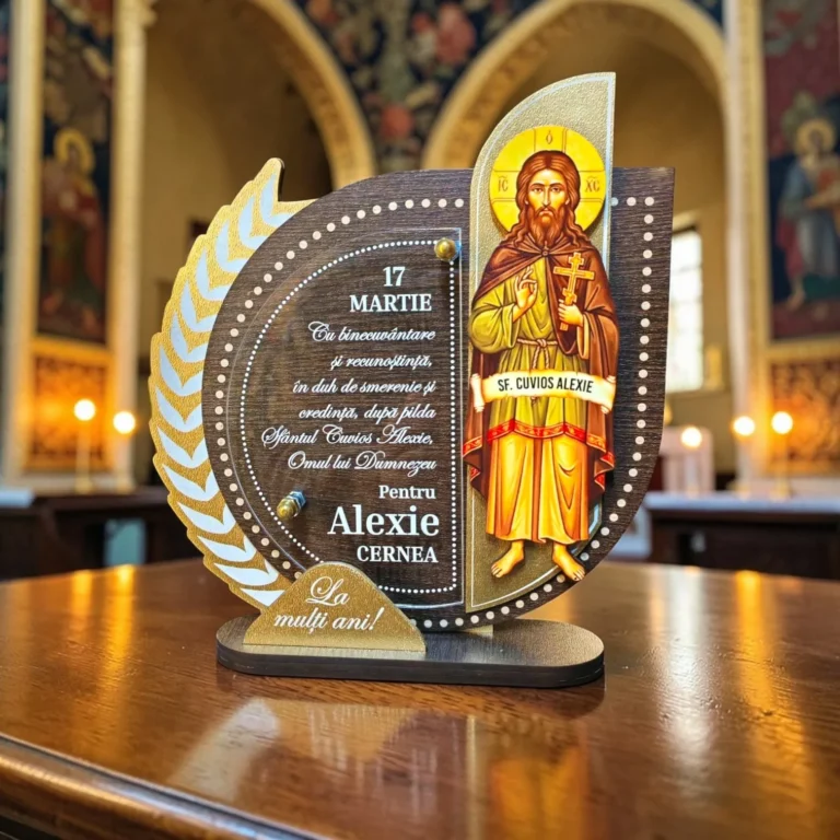 Trofeu personalizat cu Sfantul Cuvios Alexie pentru ziua numelui