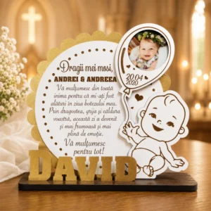 Trofeu personalizat de multumire pentru mosi de botez