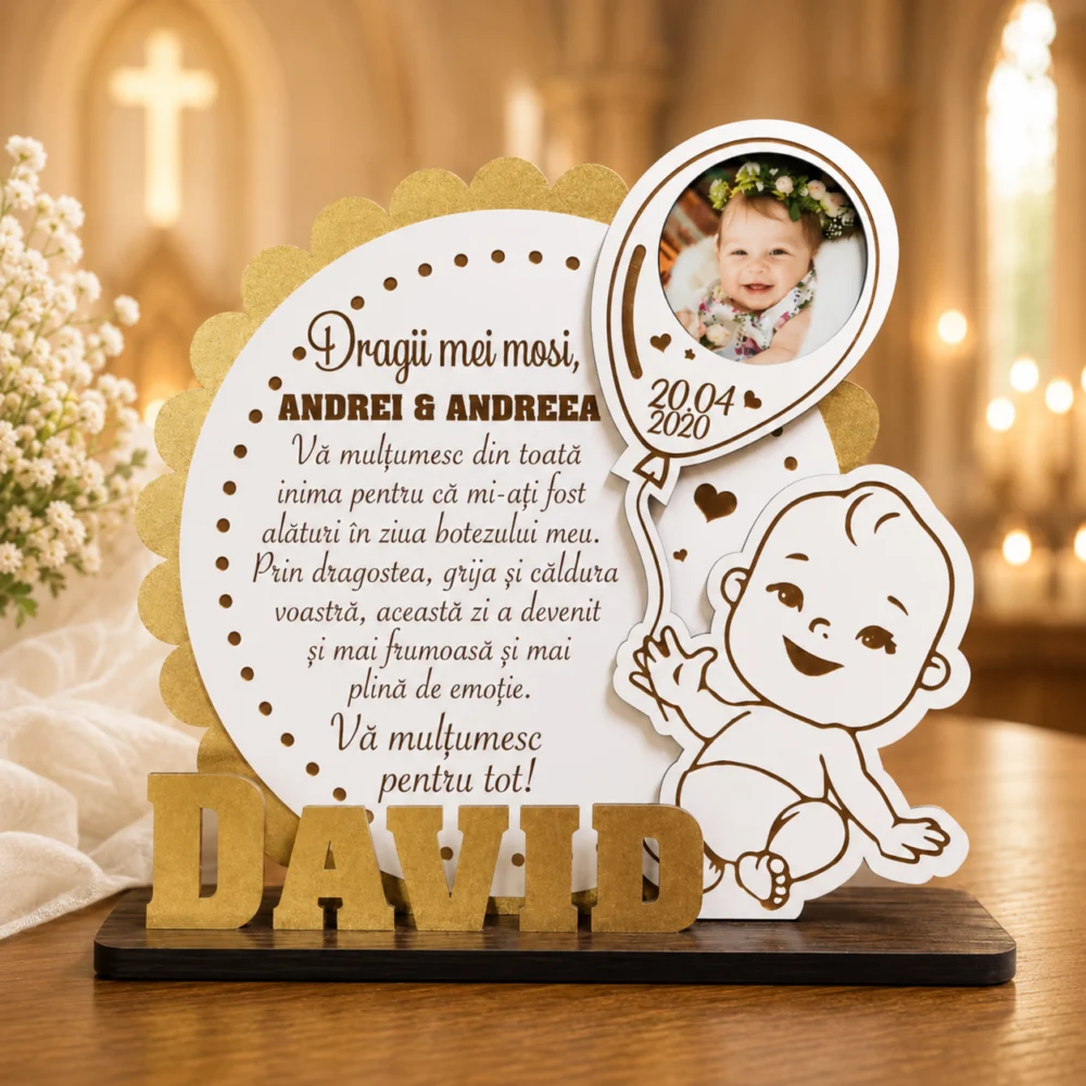 Trofeu personalizat de multumire pentru mosi de botez