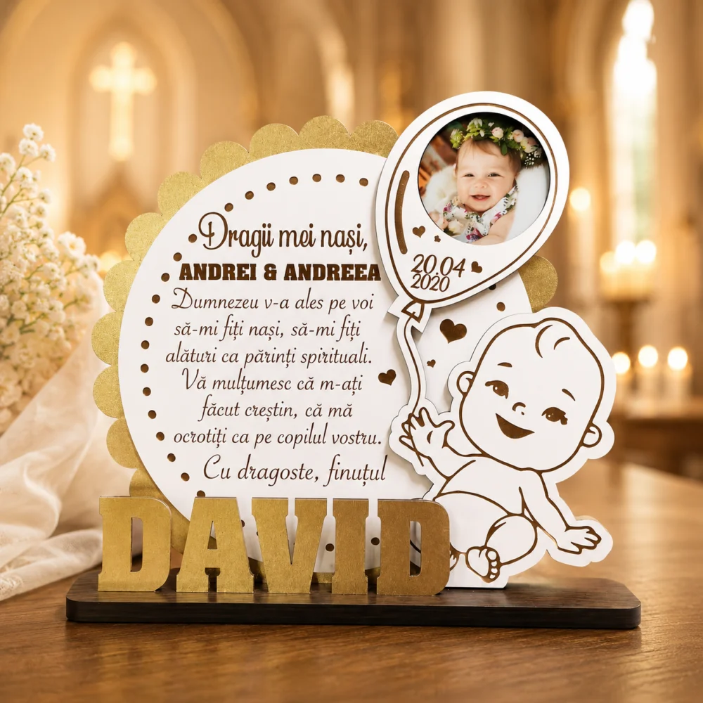 Trofeu personalizat de multumire pentru nasii de botez