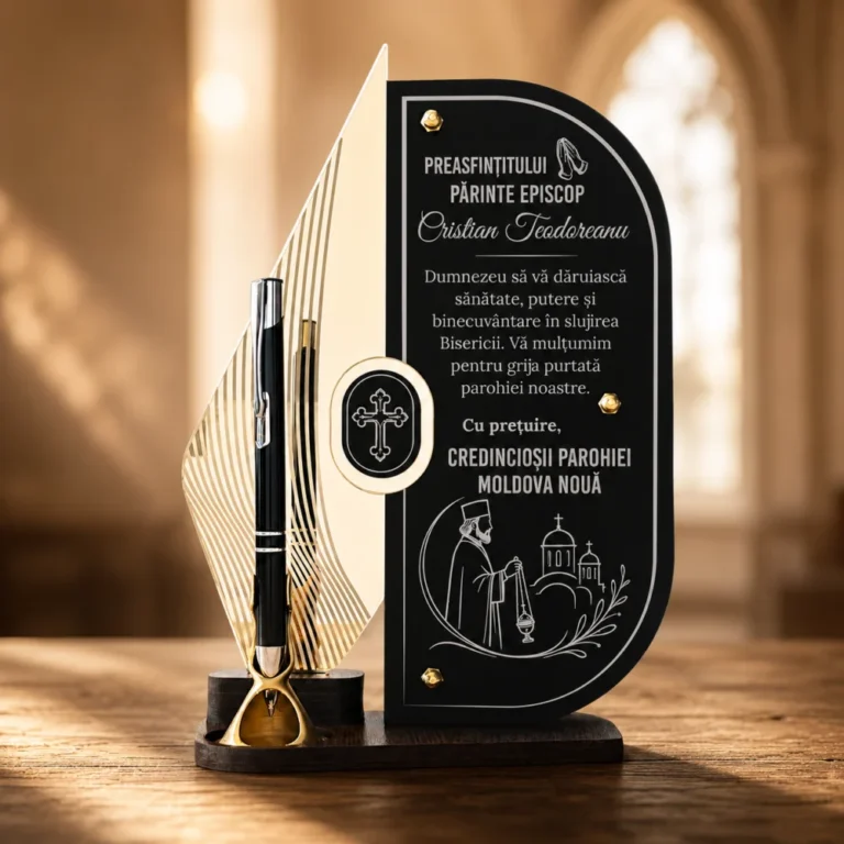 Trofeu personalizat pentru episcop cu oglinda plexiglas gold si gravare