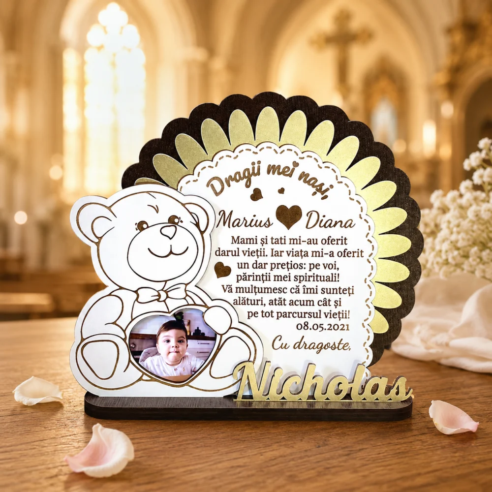 Trofeu personalizat pentru nasii de botez cu poza si mesaj