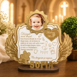 Trofeu personalizat pentru mosii de botez cu poza si mesaj