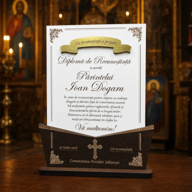 Trofeu diploma de recunostinta pentru preot cu mesaj personalizat
