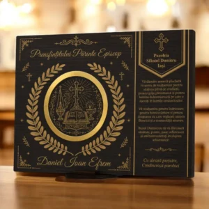 Plachetă personalizată pentru episcop din PAL Wenge și PFL gold cu gravare