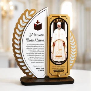 Trofeu personalizat pentru părintele duhovnic cu fotografie și mesaj de mulțumire