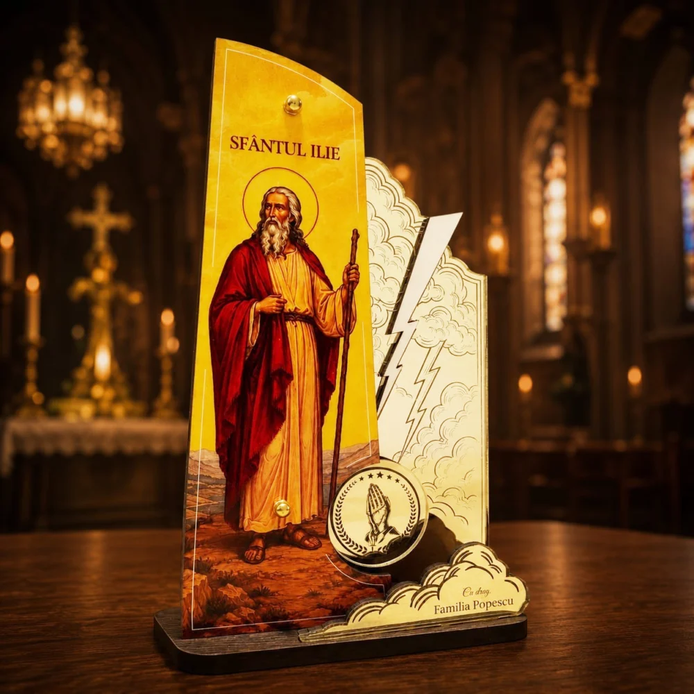 Trofeu personalizat cu Sfântul Ilie – cadou de protecție și binecuvântare