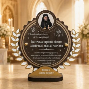 Trofeu personalizat pentru arhiepiscop din plexiglas cu print și gravare