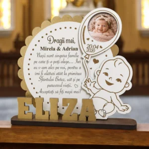 Trofeu personalizat pentru cererea nașilor de botez cu poză și nume copil