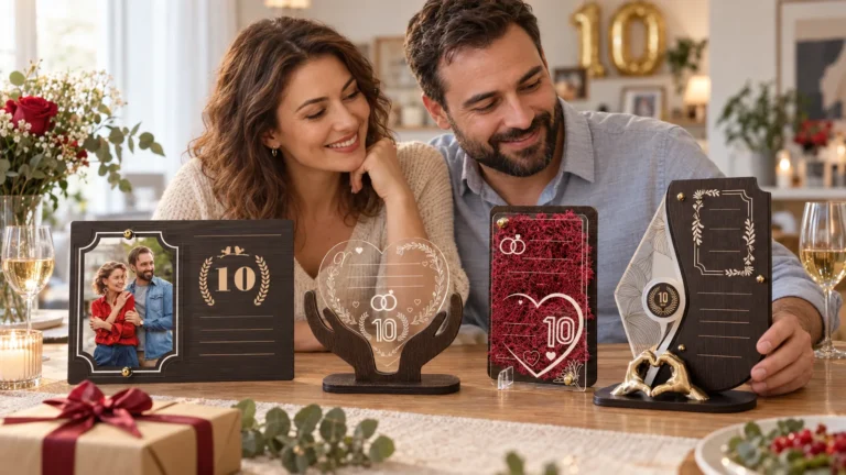 Cuplu sărbătorind 10 ani de căsătorie alături de cadouri personalizate pentru nunta de aluminiu