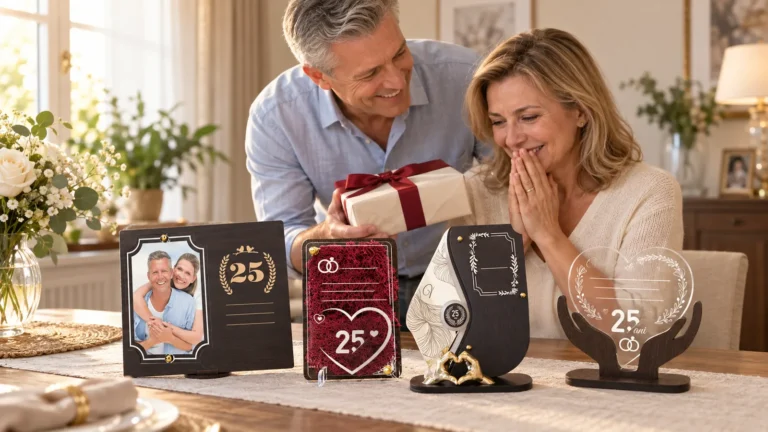 Cuplu sărbătorind 25 de ani de căsătorie lângă cadouri personalizate pentru nunta de argint