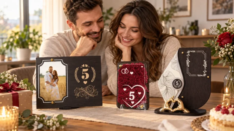 Cuplu sărbătorind cinci ani de căsătorie cu daruri personalizate pentru nunta de lemn