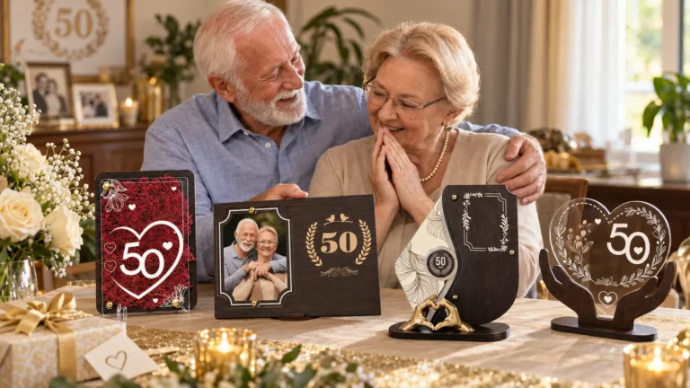 Cuplu sărbătorind 50 de ani de căsătorie alături de cadouri personalizate pentru nunta de aur