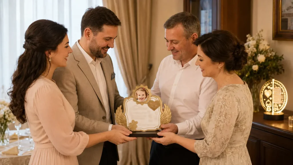 Părinți oferind moșilor de botez un trofeu personalizat cu fotografia copilului