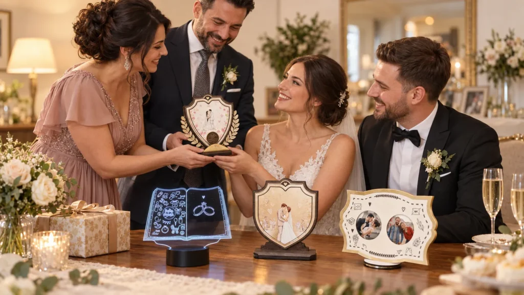 Nași oferind finilor după cununie trofee și ramă foto personalizate într-un decor cald de nuntă