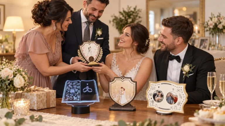 Nași oferind finilor după cununie trofee și ramă foto personalizate într-un decor cald de nuntă