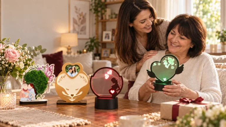 Fiică oferind mamei un cadou personalizat cu trofee decorative și lumină LED într-un living luminos