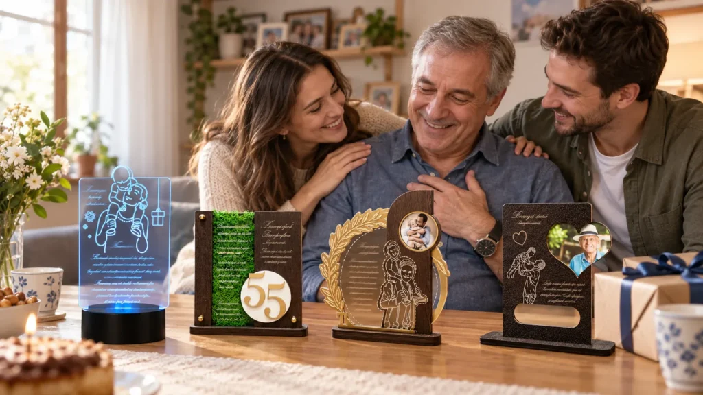 Tatăl primește de la fiică și fiu trofee personalizate pentru o amintire de familie