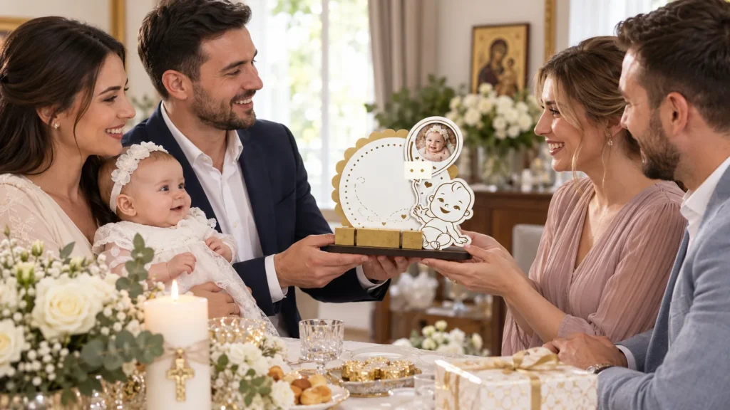 Familie oferind un cadou personalizat de botez nașilor, într-un decor cald de sărbătoare