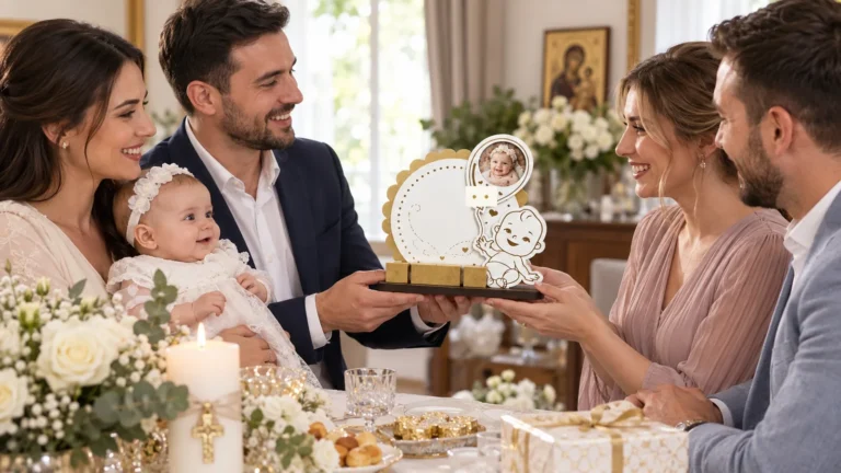 Familie oferind un cadou personalizat de botez nașilor, într-un decor cald de sărbătoare