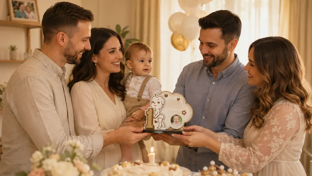 Părinți și nași oferind un trofeu personalizat la prima aniversare a copilului