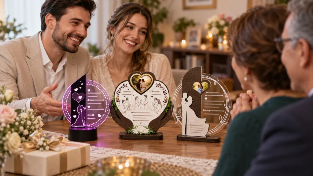 Cuplu oferind viitorilor nași de cununie trofee personalizate într-un decor cald de familie