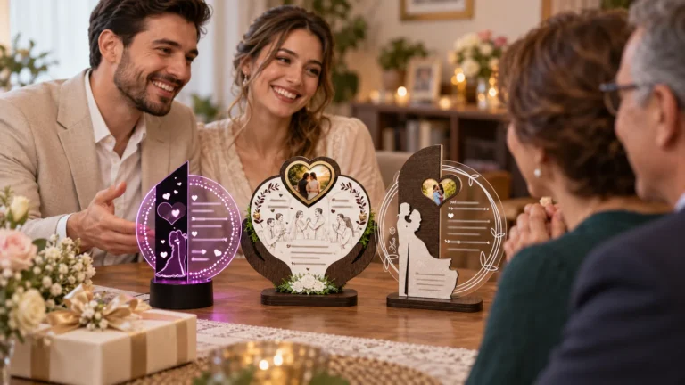 Cuplu oferind viitorilor nași de cununie trofee personalizate într-un decor cald de familie