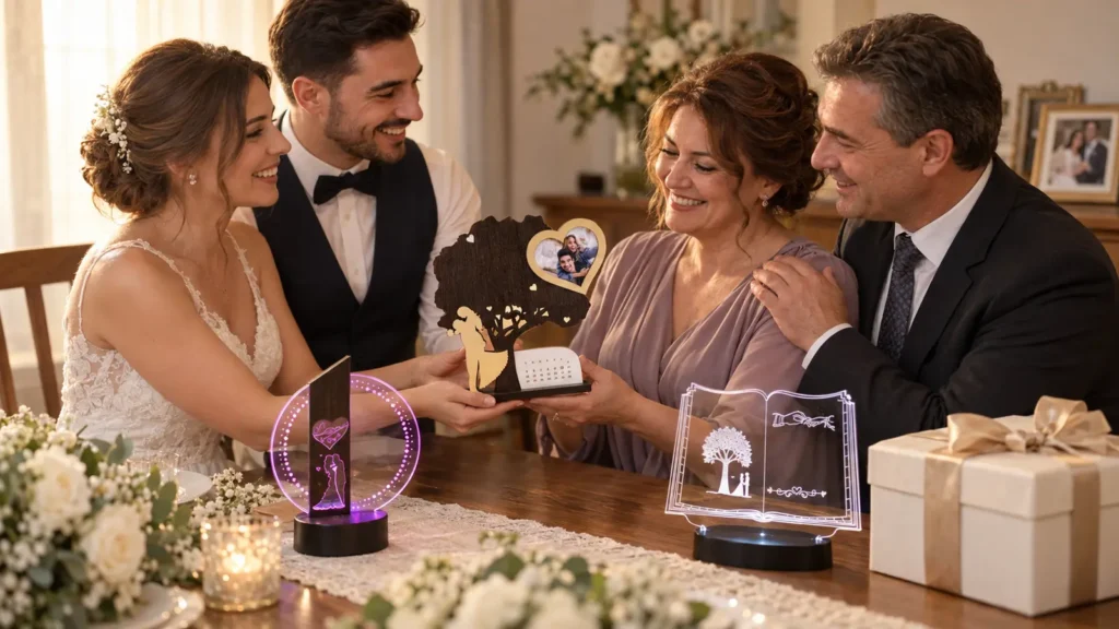 Miri oferind nașilor de cununie trofee personalizate de mulțumire într-un decor cald de familie