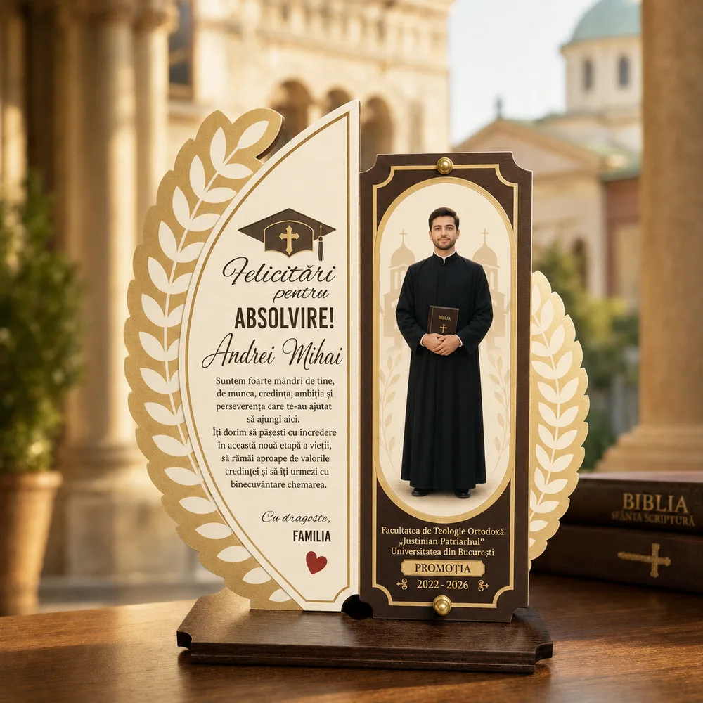 Trofeu personalizat absolvire Facultatea de Teologie Ortodoxa Justinian Patriarhul